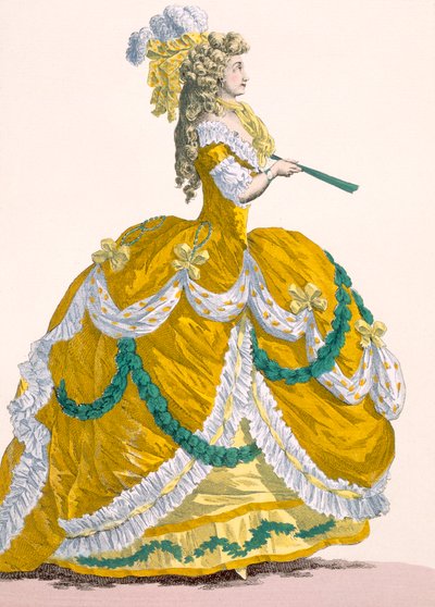 Ladies Court Dress in Yellow Silk with White and Green Frilled Edging by Augustin de Saint Aubin